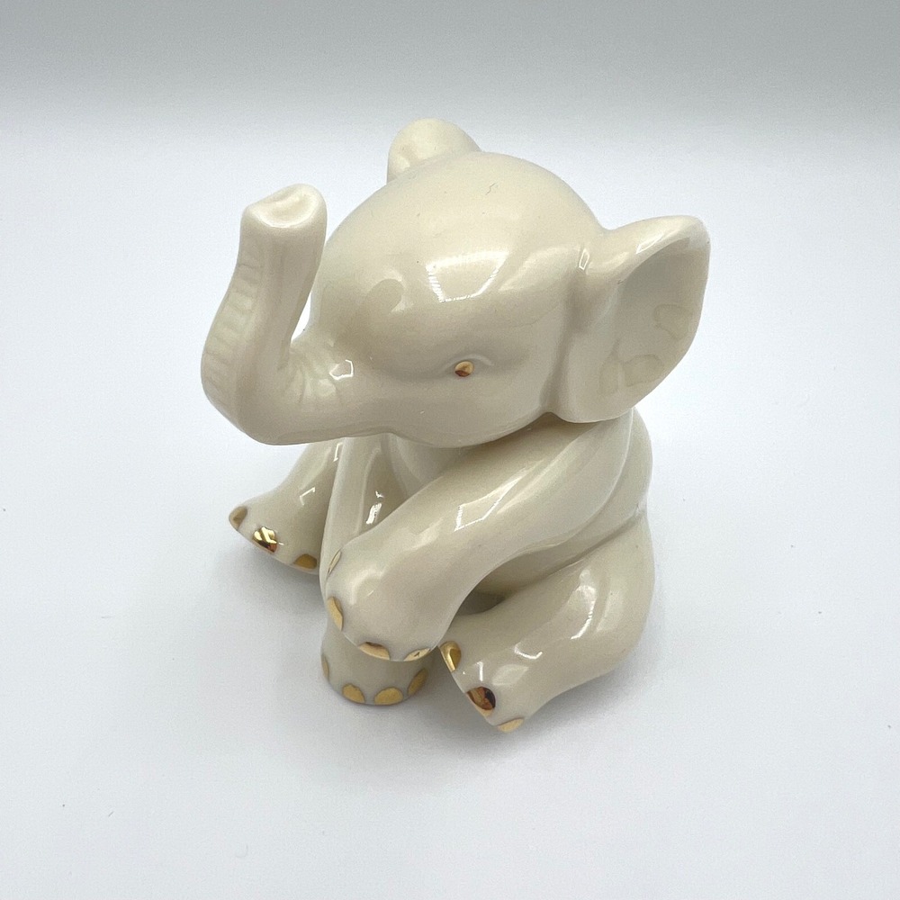 Lenox Ivory China Baby Elephant Figurine 24k Gold Accents Sitting Lucky Trunk Up